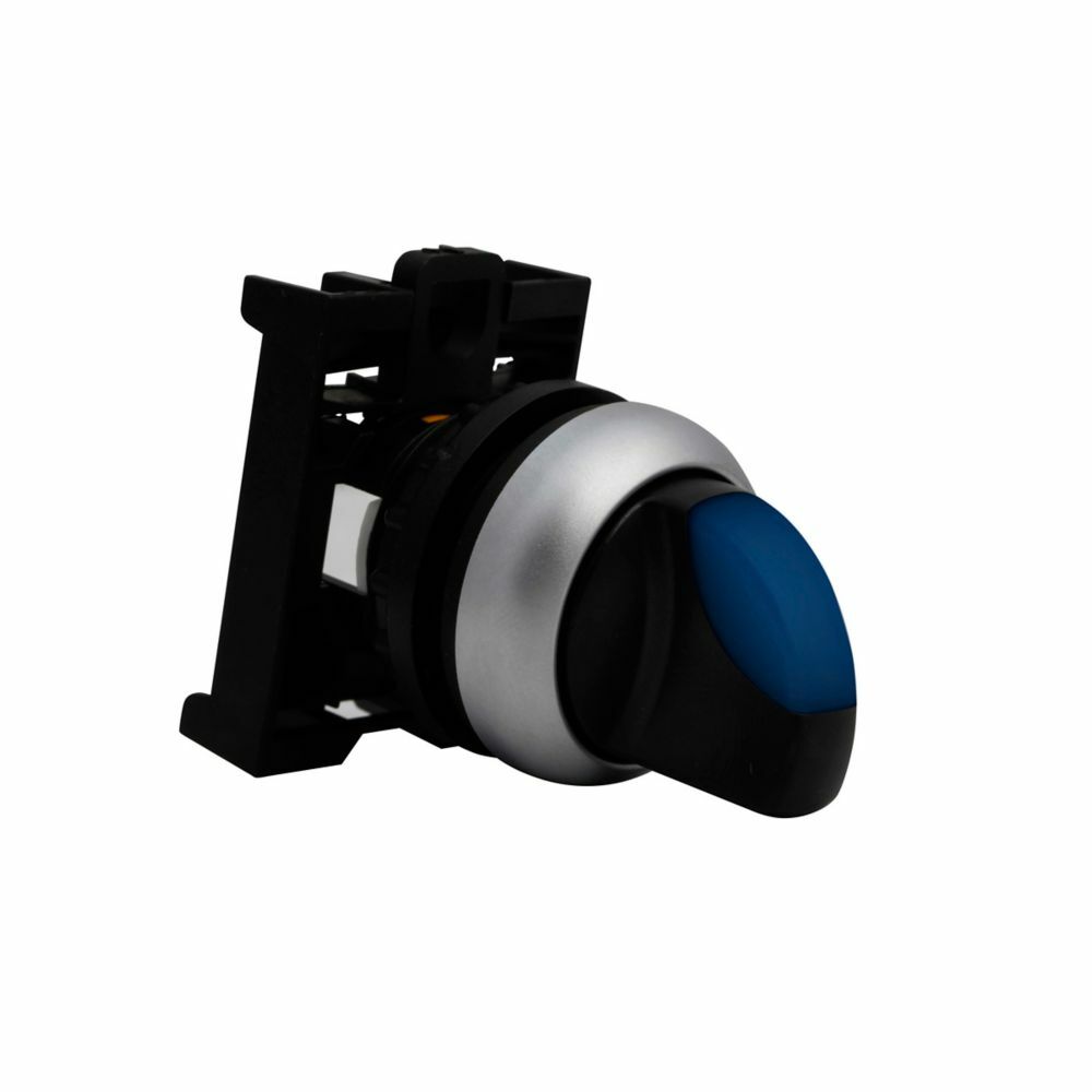 Eaton M22 modular pushbutton, M22 Modular Selector Switch Operator, 22.5 mm, Knob, Maintained, Illuminated, Bezel: Silver, Button: Blue, IP66, NEMA 4X, 13, Three-position, Light 100,000 hours, Button 100,000 Operations