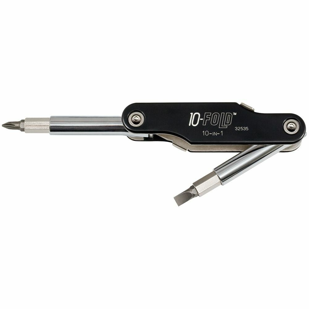 10-in-1 10 Fold Screwdriver / Nut Driver, Folding pocket-style 10-in-1 tool with interchangeable bits - 8 screwdriver sizes and 2 nut drivers