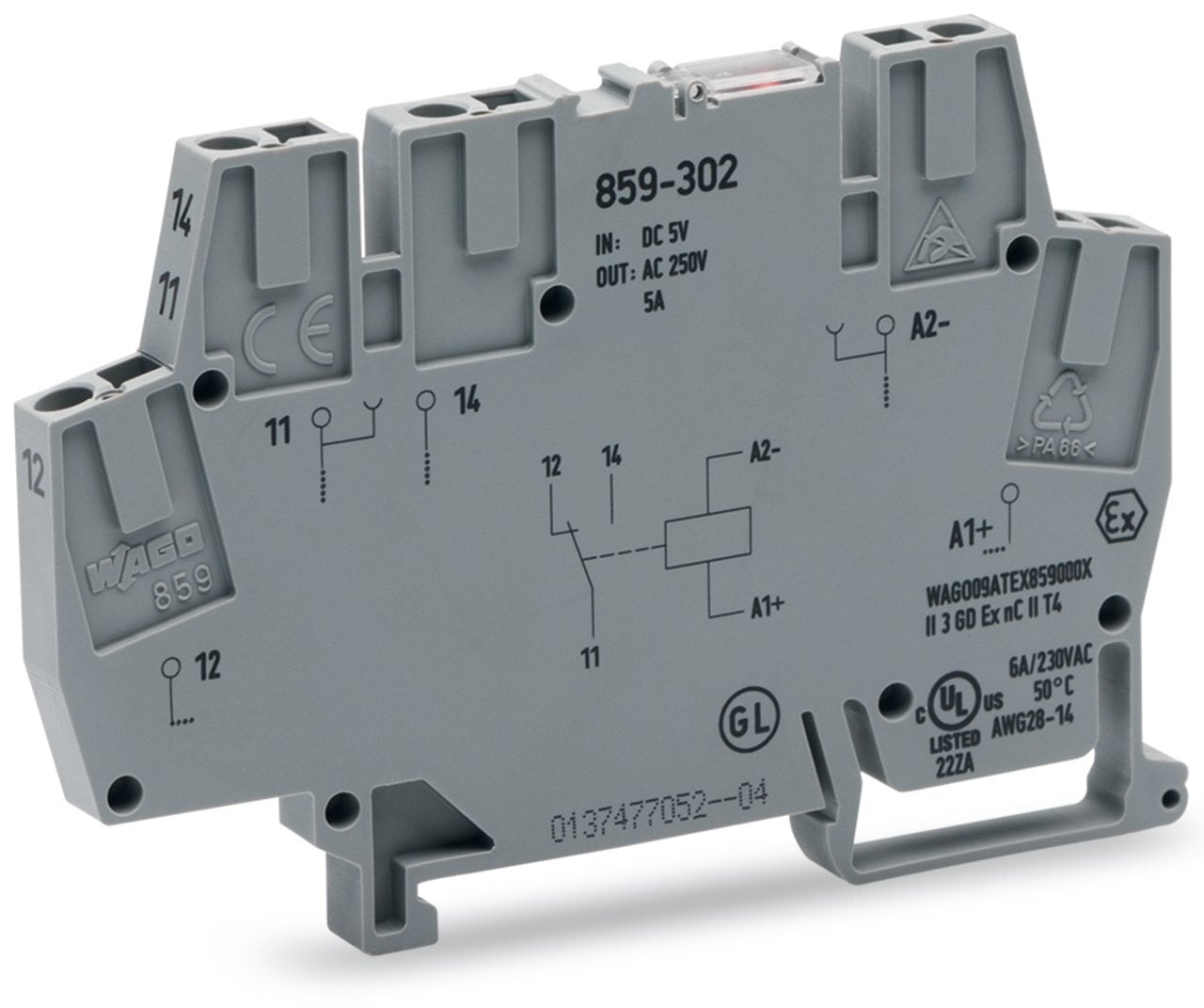 Relay module; Nominal input voltage: 12 VDC; 1 changeover contact; Red status indicator; Module width: 6 mm; 2,50 mm; gray