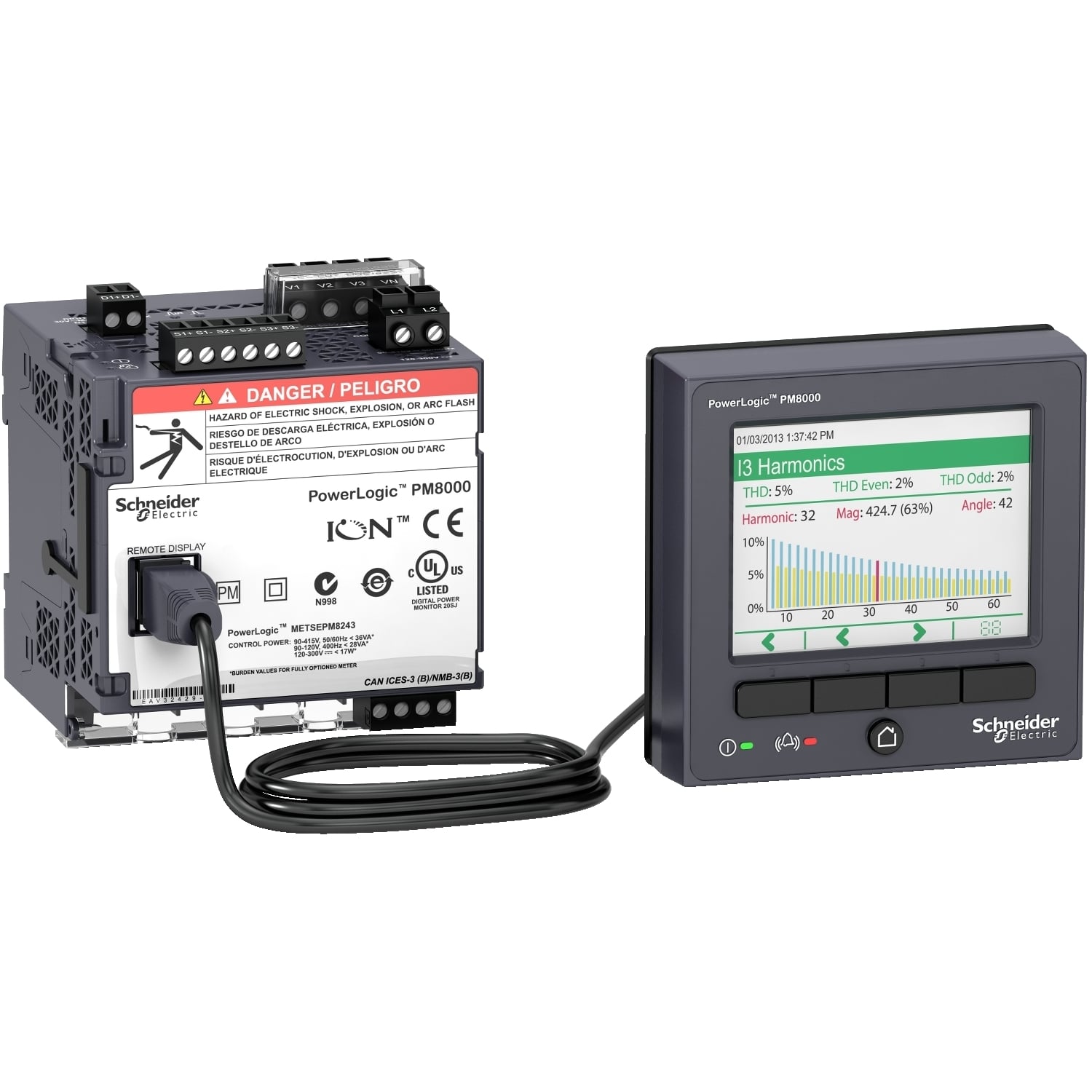 Power quality meter, PowerLogic PM8000, Essential, transducer and remote display, 64MB, 128s/c