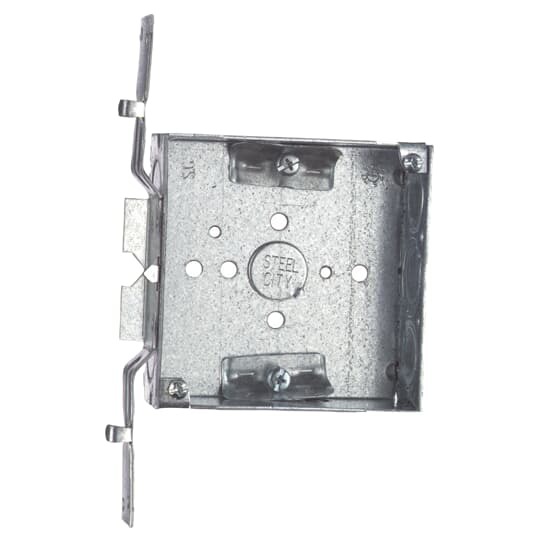 Square Box, 21 Cubic Inches, 4 Inch Square x 1-1/2 Inch Deep, 1/2 Inch and 3/4 Inch Eccentric Knockouts, Pre-Galvanized Steel, with Non-Metallic Cable Clamp (C-5) and SC Bracket, For Use with Non-Metallic Sheathed Cable