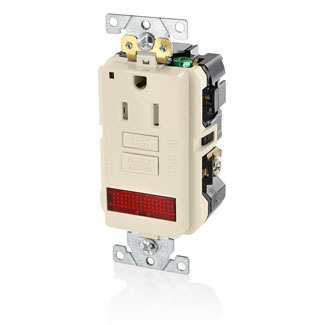 15 Amp, 125 Volt, SmartlockPro Single Self-Test GFCI Receptacle with LED Pilot Light, NEMA 5-15R, 2P, 3W, Extra-Heavy Duty Industrial Grade, Tamper-Resistant, 20A Feed-Through, Back or Side Wired - IVORY