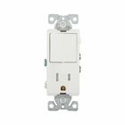 Eaton commercial grade combination switch, tamp resist, auto-grnd, Decorator, #14 - #12 AWG, 15A, Commer, 120/277V switch, 125V recept, bk and sd wiring, Rocker, Maint closure, Screw, Brass, wht, 5-15R, -20-60?C, dplx, thermoplas, PVC