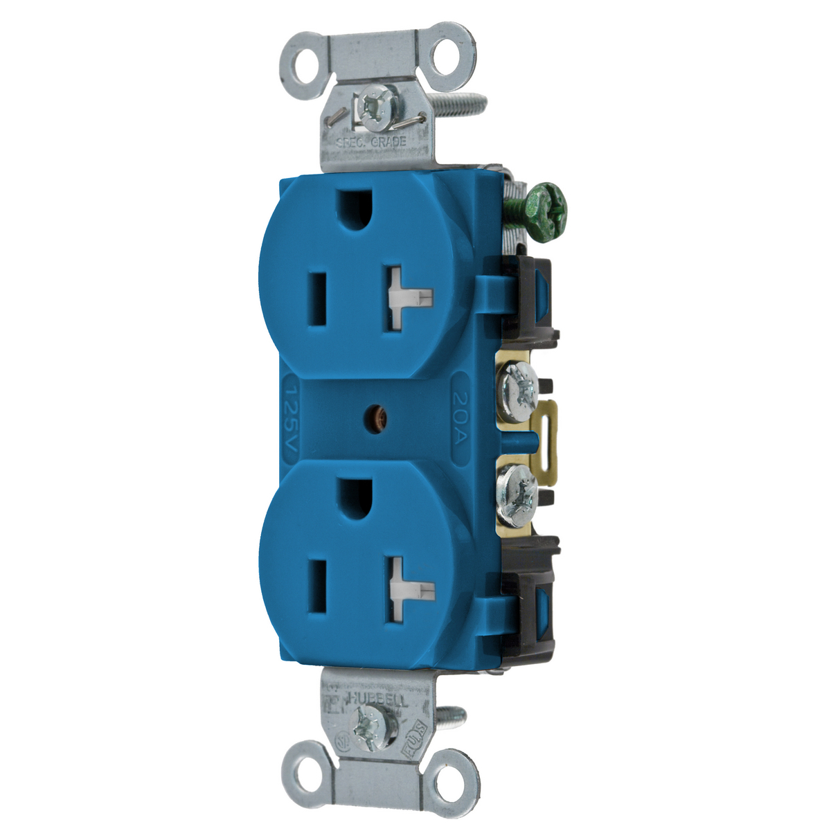 Straight Blade Devices, Receptacles, Tamper-Resistant Duplex, Commercial/Industrial Grade, 2-Pole 3-Wire Grounding, 20A 125V, 5-20R, Blue, Single Pack.