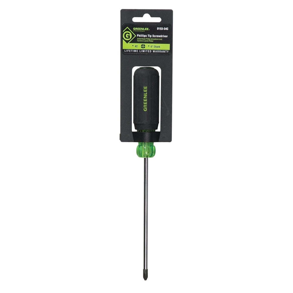 Heavy-Duty Phillips Tip Screwdriver #2 x 6".  Precision-machined tips for exact fit.  Handle marked for easy identification of screwdriver size, type and length.  Strong, durable black phosphate tips prevent chipping of plating.  Soft, cushioned grip for extra comfort and torque.  Exceeds ASME/ANSI specifications.  Lifetime limited warranty.  Note: This is not an insulated tool.