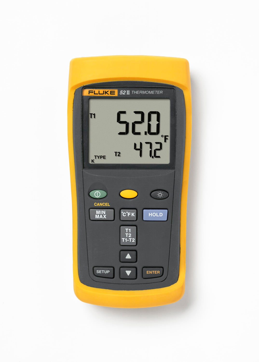 Laboratory accuracy. Wherever you go. The Fluke 50 Series II contact thermometers offer fast response and laboratory accuracy (0.05 percent + 0.3degrees Celsius) in a rugged, handheld test tool. A dual input thermomoeter, 60 Hz noise rejection.