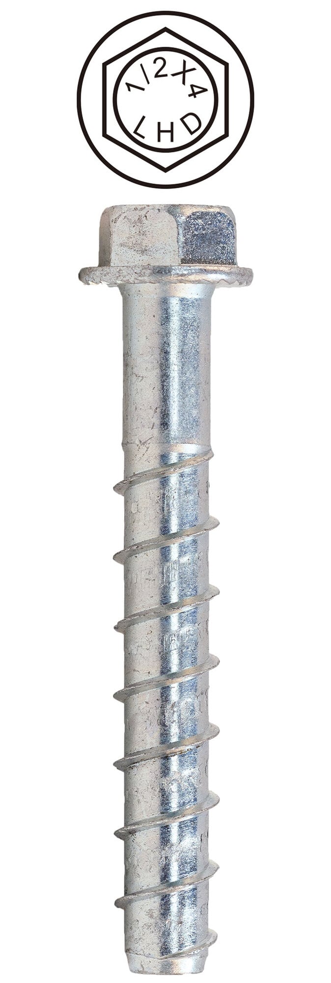 1/2'' x 4'' Hex Head Concrete Screw Bolt, Case Hardened Low Carbon Steel, Zinc Plated