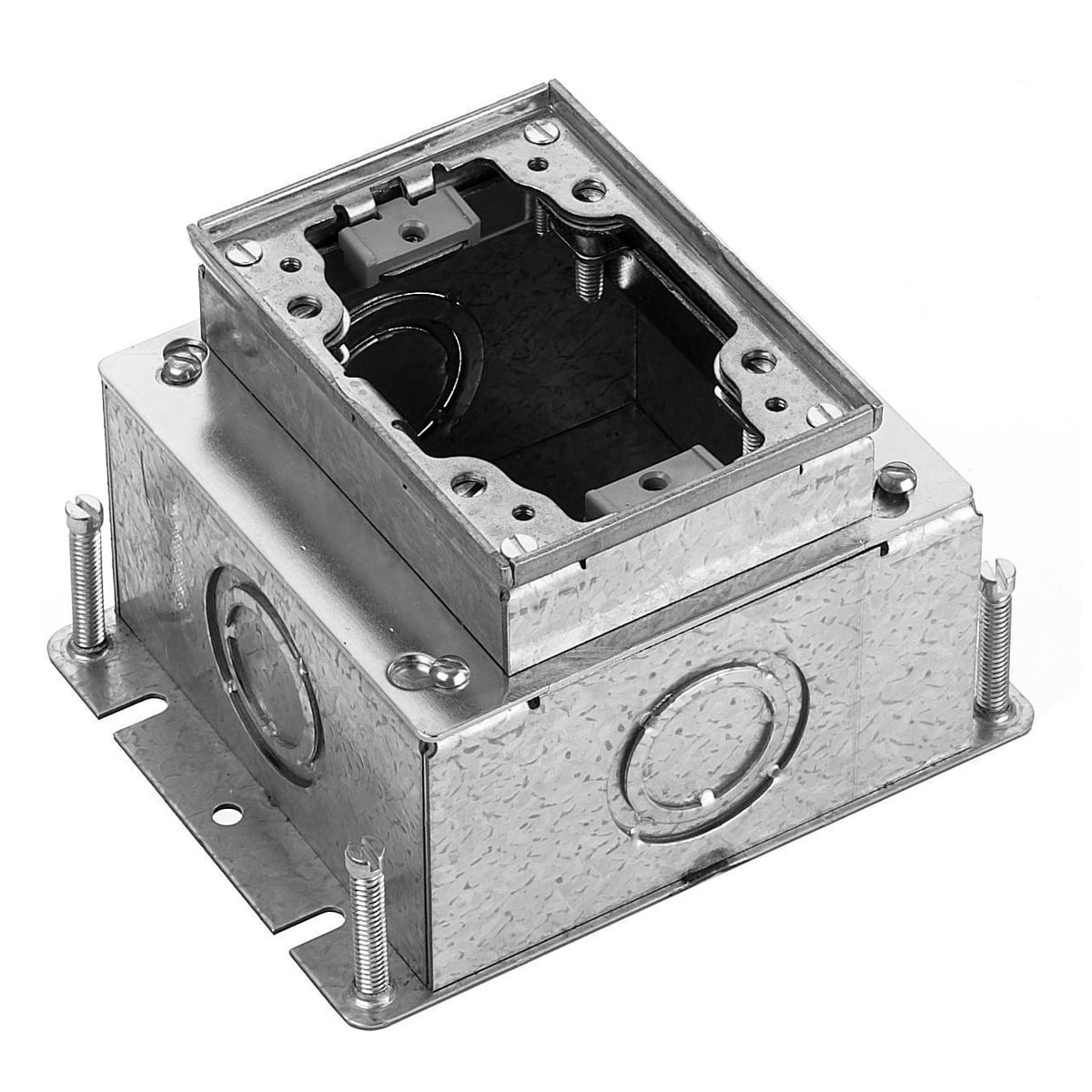 Flush Concrete Floor Box Series, 1-Gang, Rectangular, Galvanized Stamped Steel Box, Deep, Fully Adjustable, Single Service, Aluminum Top