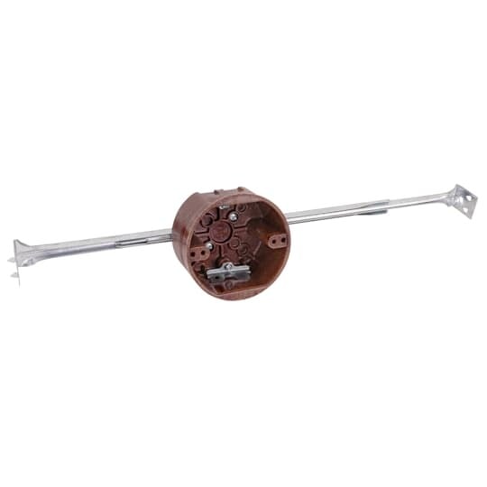 Round Ceiling/Fixture Outlet Box with Bar Hanger, Volume 20.8 Inches, Diameter 4 Inches, Depth 2-3/8 Inches, Color Brown, Material Phenolic, Mounting Mean 24 Inch Bar Hanger Adjustable 16-1/2 Inch Maximum - 27 Inch Minimum, with High Clamps