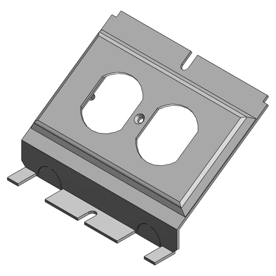 Device Plate, Galvanized Steel, Duplex Receptacle, For use with Two Gang Recessed Service Floor Box, 90 Cubic Inches, Length 10-1/4 Inches, Width 4-11/16 Inches, Depth 3-3/4 Inches, 3/4 Inch and 1 Inch Conduit Hubs, Cast Iron, Delivers Power, Communications and Data from Standard Conduit with No Exposed Service Fittings and Two Gang Recessed Service Floor Box, 90 Cubic Inches, Length 9-15/16 Inches, Width 5-3/32 Inches, Depth 3-3/4 Inches, 3/4 Inch and 1 Inch Conduit Hubs, Cast Iron, Delivers Power, Communications and Data from Standard Conduit with No Exposed Service Fittings