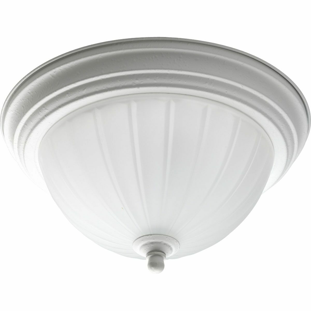 One-light close-to-ceiling with etched ribbed melon glass with center lock up in White finish.