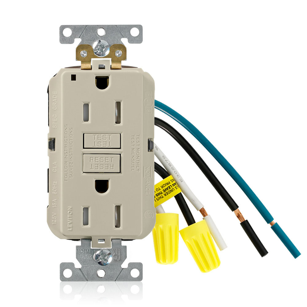 15 Amp, 125 Volt, SmartlockPro Slim Self-Test GFCI Leaded Receptacle, Extra-Heavy Duty Industrial Grade, NEMA 5-15R, 2P, 3W, Tamper-Resistant, Pigtail Leads 6 Inch Wired - IVORY