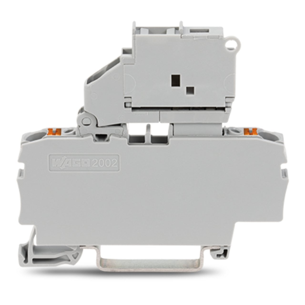 2-conductor fuse terminal block; with pivoting fuse holder; and end plate; for 5 x 20 mm miniature metric fuse; with push-button; without blown fuse indication; for DIN-rail 35 x 15 and 35 x 7.5; 2.5 mm; Push-in CAGE CLAMP; 2,50 mm; gray