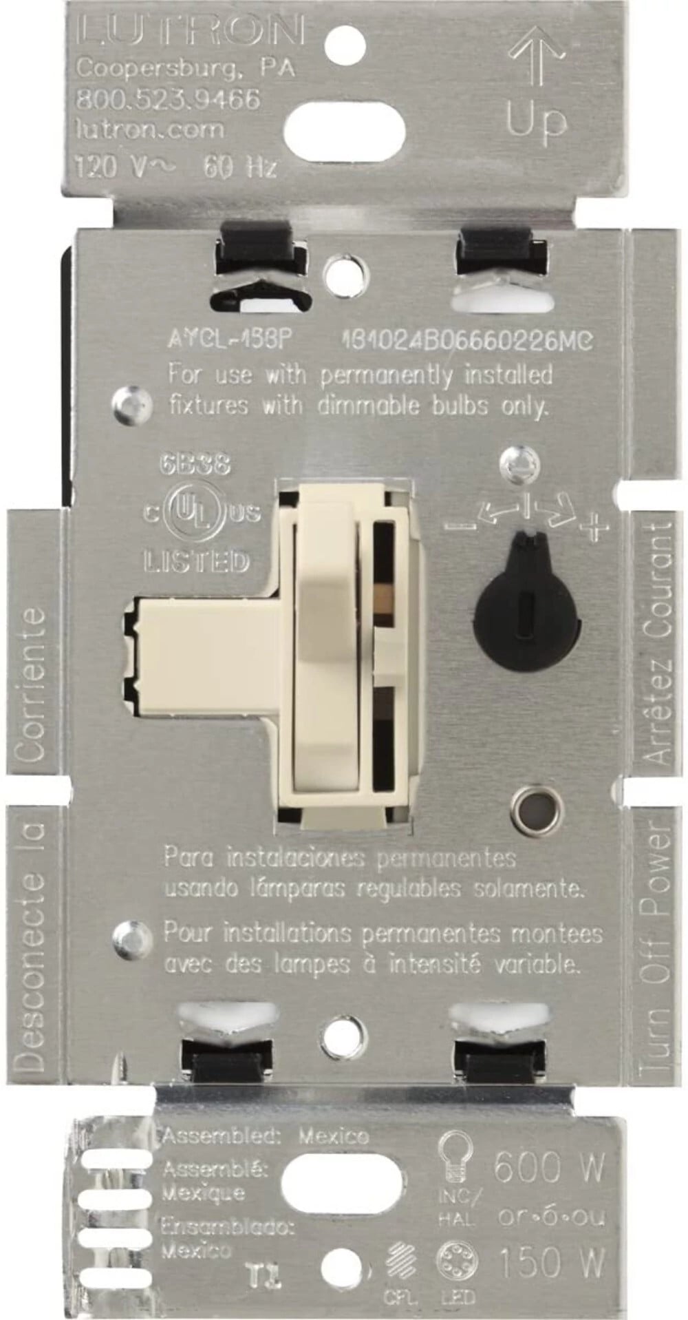 Ariadni LED+ Dimmer, LED, Incandescent/Halogen, 3-way/single-pole, 150W LED or 600W inc/hal clamshell packaging in light almond