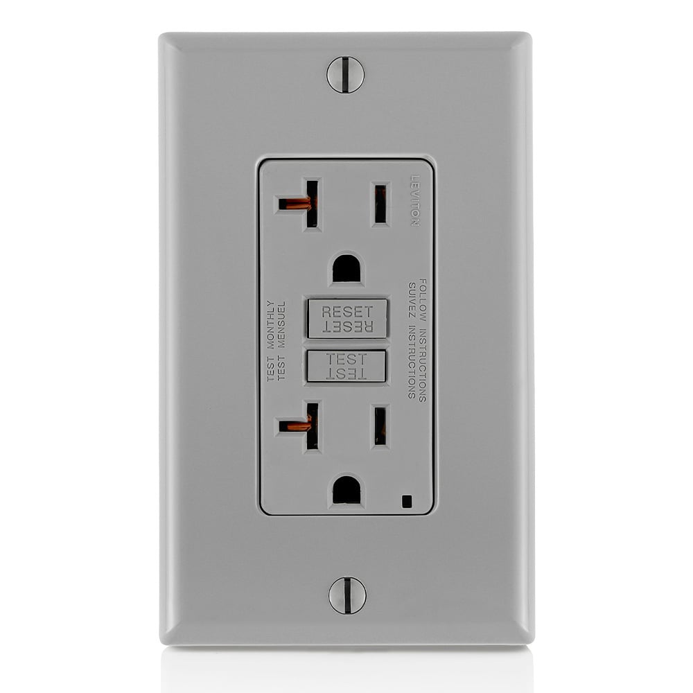 Self-Test Slim Tamper Resistant GFCI Receptacle. Nema 5-20R 20A-125V At Receptacle, 20A-125V Feed-through. Lighted - Gray With Gray Test And Reset Button.