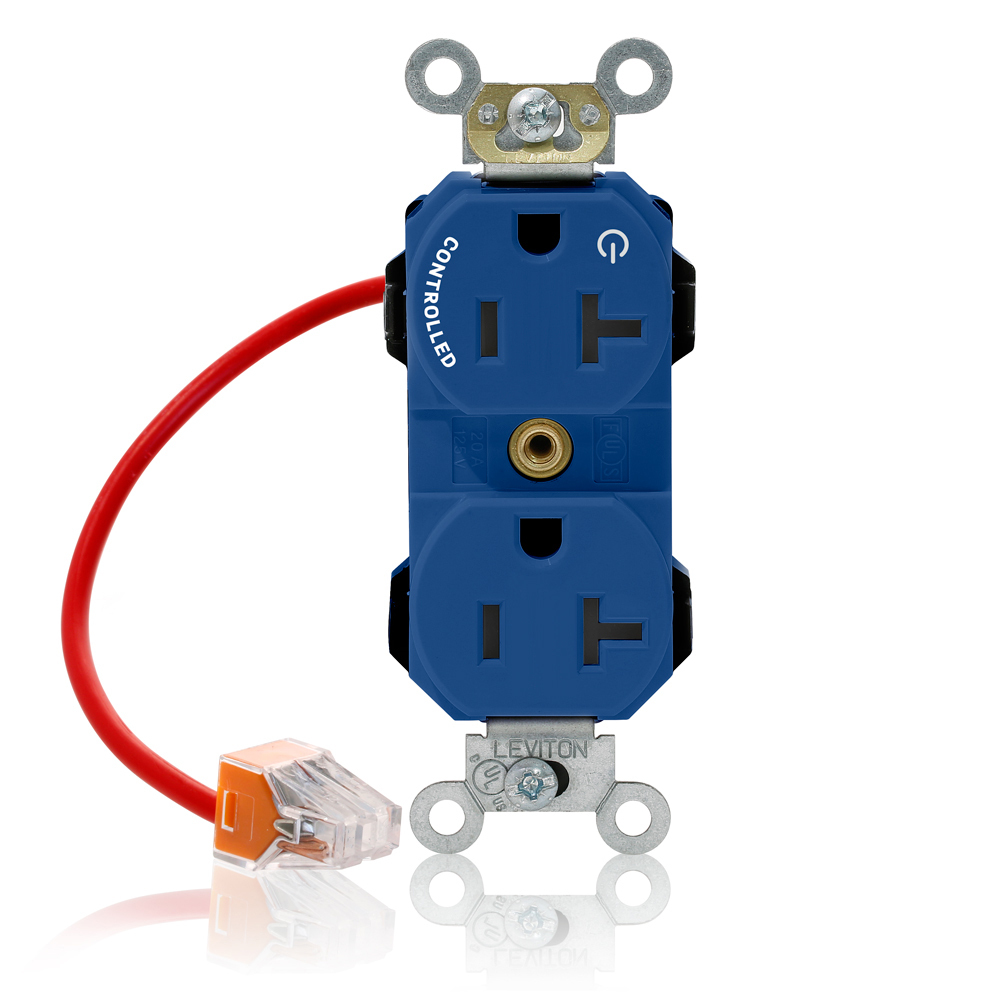 20 Amp, 125 Volt, NEMA 5-20R, 2P, 3W, Lev-Lok Duplex Receptacle, One Marked Controlled Outlet,Straight Blade, Fed Spec,Heavy Duty Industrial Specification Grade,Self-Grounding, Modular Terminals, Steel Strap - BLUE