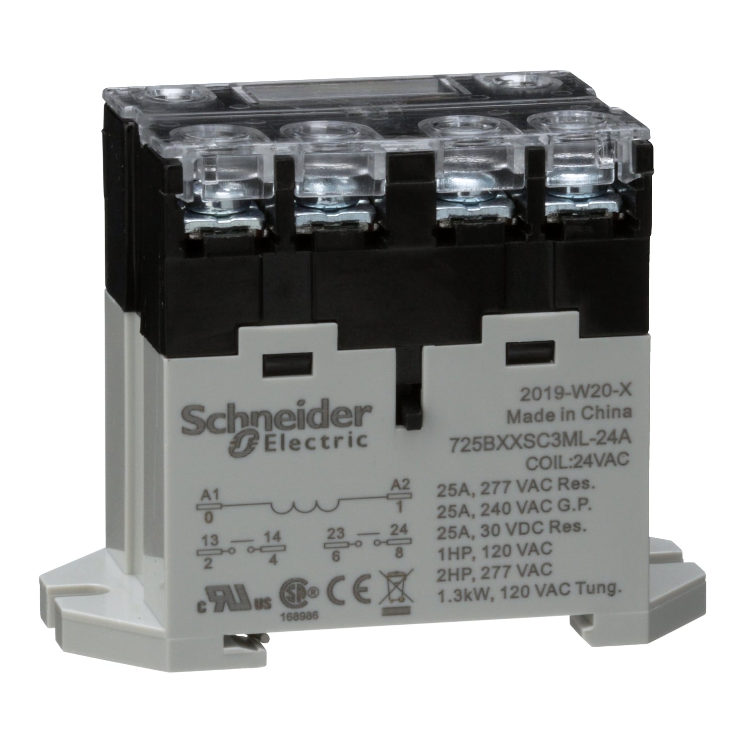 Power relay, SE Relays, 25A, 2NO, 24VAC, LED push button, screw terminals, DIN or panel mount