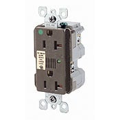 20 Amp, 125 Volt, NEMA 5-20R, 2P, 3W, Decora Plus Duplex Receptacle, Straight Blade, Hospital Grade, Self Grounding, Surge w/ Indicator Light & Audible Alarm, Back & Side Wired, Steel Strap, - Brown