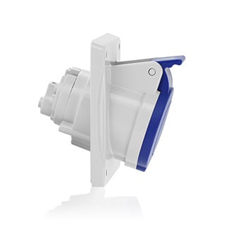 16 Amp, 200-250 Volt, 2P+E (2P, 3W), Clock Position 6, IEC/EN 60309-1 & 60309-2, International Configuration Panel Mounting Socket Outlet, Industrial Grade, IP44, Splashproof - BLUE