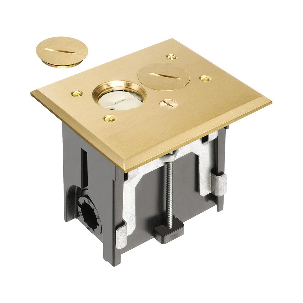 Metallic adjustable floor box. Brass with threaded plugs. Includes tamper resistant duplex receptacle, cover plate with gasket and Arlington NM94 connector and Arlington NM900 knockout plug.