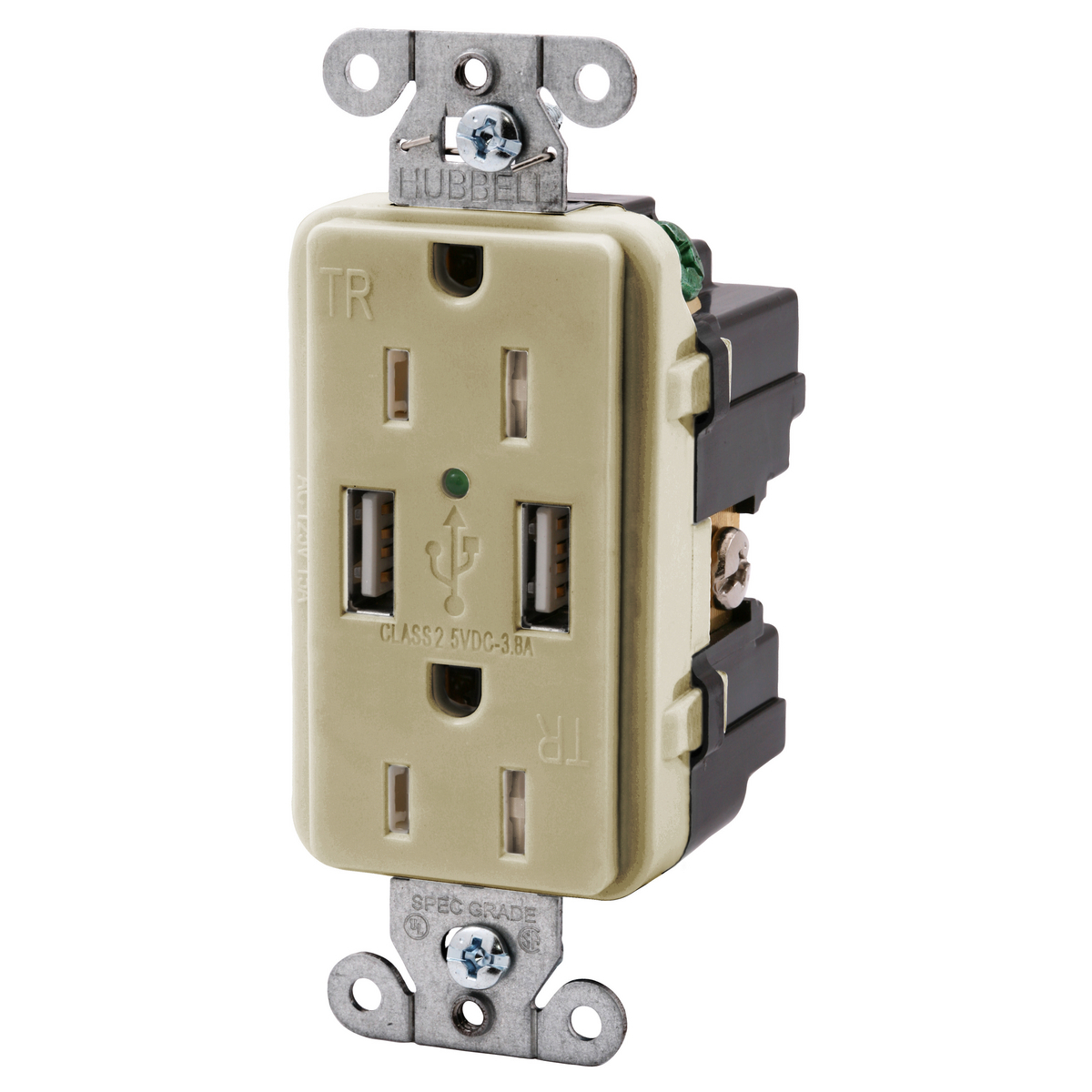 Straight Blade Devices, Receptacles, Duplex, Dual USB Type 2.0 ports 3.8 Amp, 5 Volt DC, 15A 125V, 2-Pole 3-Wire Grounding, 5-15R, Ivory