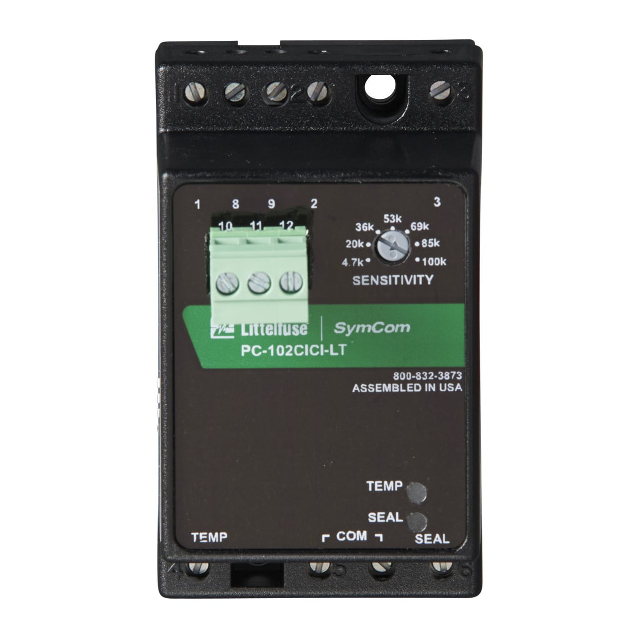 The PC-102 series is a dual-channel switch that provides dual protection against seal failures and over-temperature in submersible pumping applications. The relays have two form-C isolated output relays and two LEDs, which illuminate when each associated output relay is energized. The sensitivity adjustment (4.7k-100kOhms) allows you to define the input impedance at which the output relays will change state. The sensitivity for the over-temperature detector can be set to 4k Ohms with use of the DIP switches.