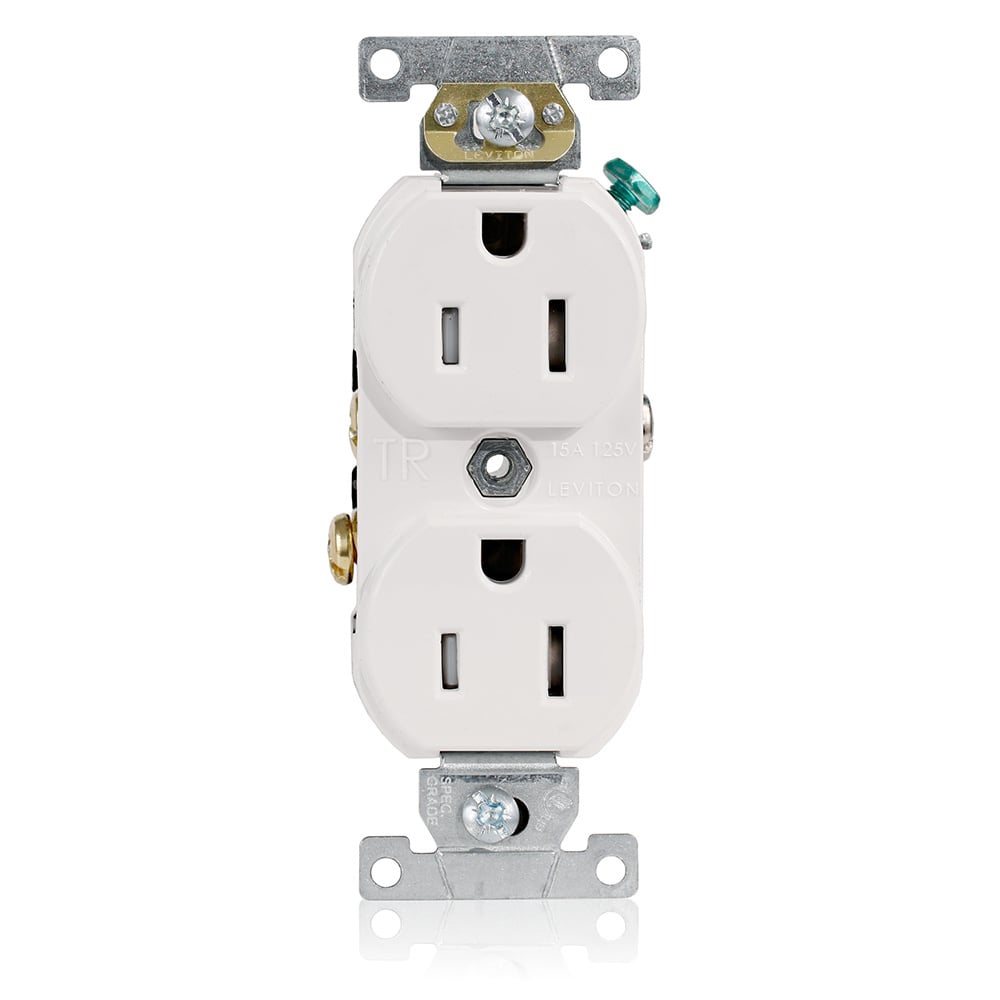 15 Amp, 125 Volt, NEMA 5-15R, 2P, 3W, Tamper Resistant, Narrow Body Duplex Receptacle, Straight Blade, Commercial Grade, Self Grounding, Back & Side Wired, Steel Strap, - WHITE