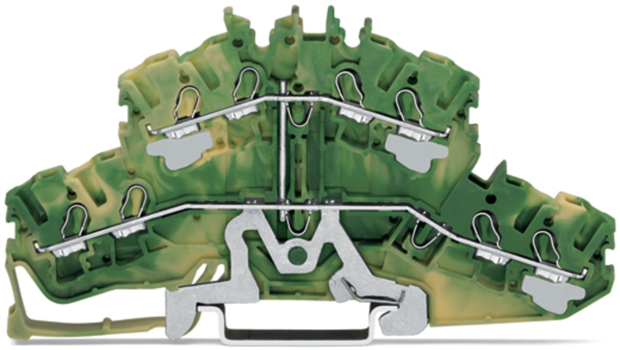 4-conductor double deck terminal block; 8-conductor ground terminal block; 2.5 mm; PE; suitable for Ex e II applications; without marker carrier; internal commoning; for DIN-rail 35 x 15 and 35 x 7.5; Push-in CAGE CLAMP; 2,50 mm; green-yellow