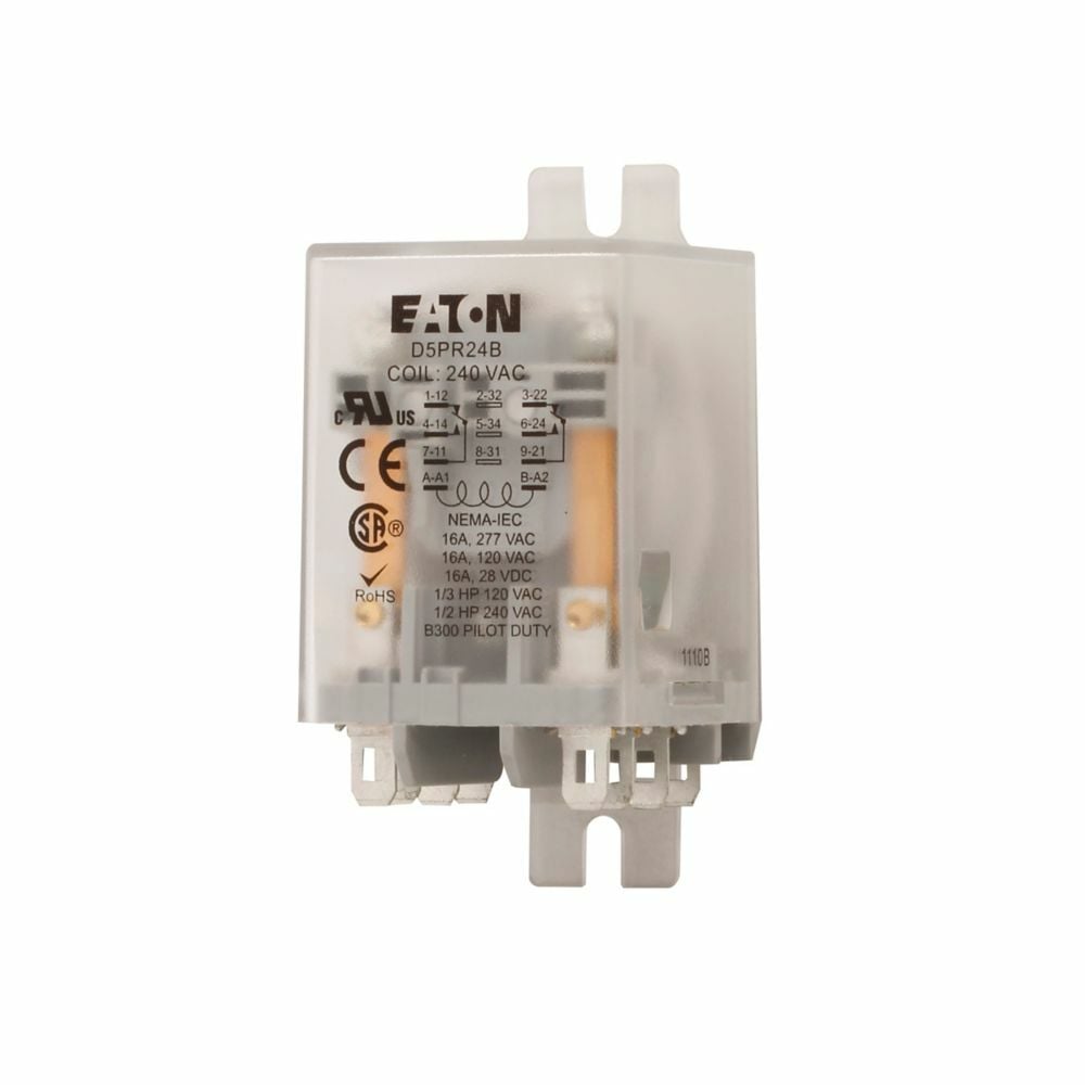D5 Series General Purpose Plug-In Relay, Side Flange cover, 220/240V coil, DPDT contact configuration, 7200 Ohms resistance, 16A contact rating, Plug-in terminal, Silver alloy contacts, IP40 enclosure