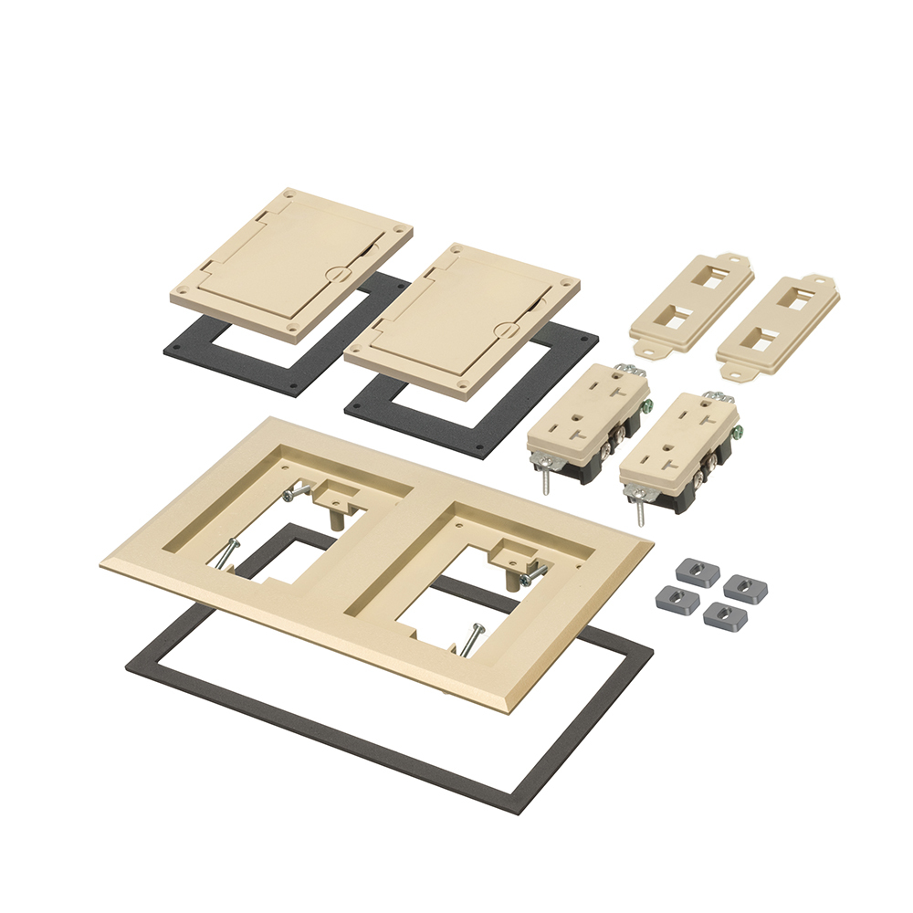 Light almond non-metallic two gang frame kit with (2) flip lid covers. Includes (2) 20A decorator style receptacles, (2) gaskets, low voltage insert and installation screws. Flip lid cover can be opened in any direction.