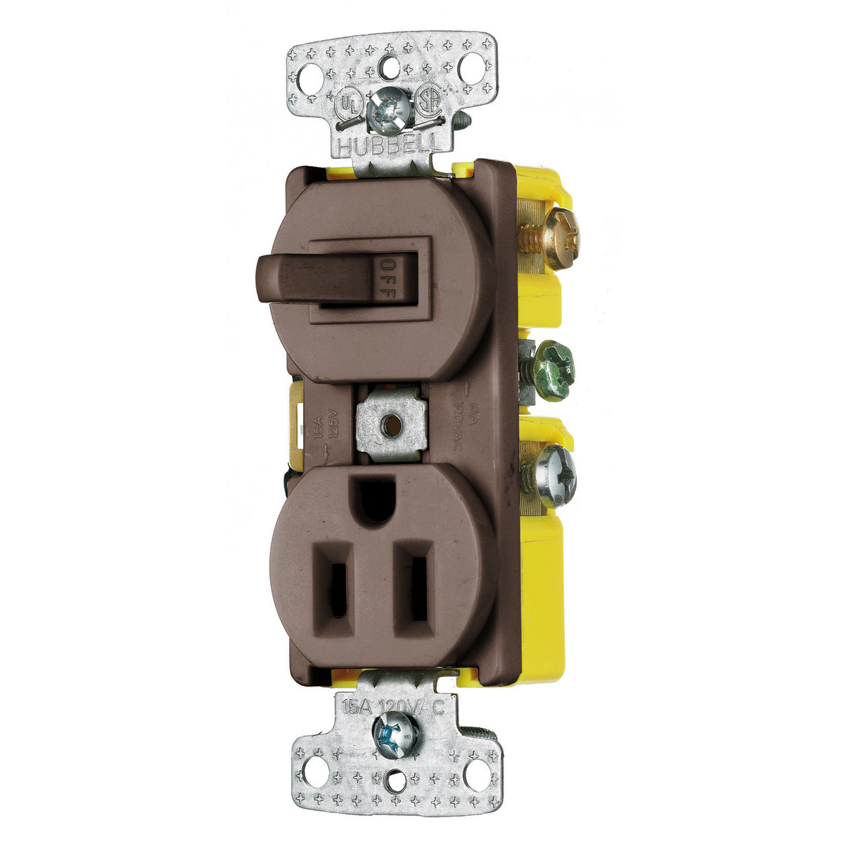 One Single-Pole Toggle One Single Receptacle Combination Device, Residential 15A 120V AC, Self Grounding, Side Wired