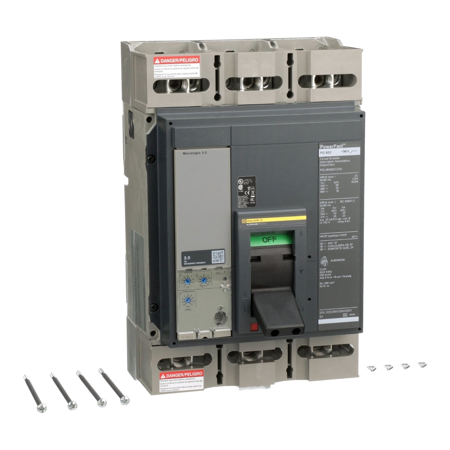 Circuit breaker, PowerPacT P, 800A, 3 pole, 600VAC, 18kA, lugs, Micrologic 3.0, 100%