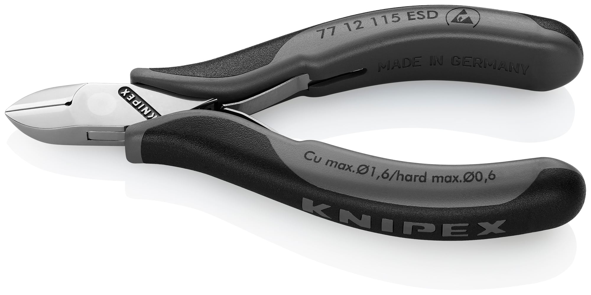 Electronics Diagonal Cutters-ESD Handles, 4 1/2 in., Multi-component, Polished, Semi-flush with Small Bevel Cut, Oval Head, Up to  1/64 in. Hard Wire