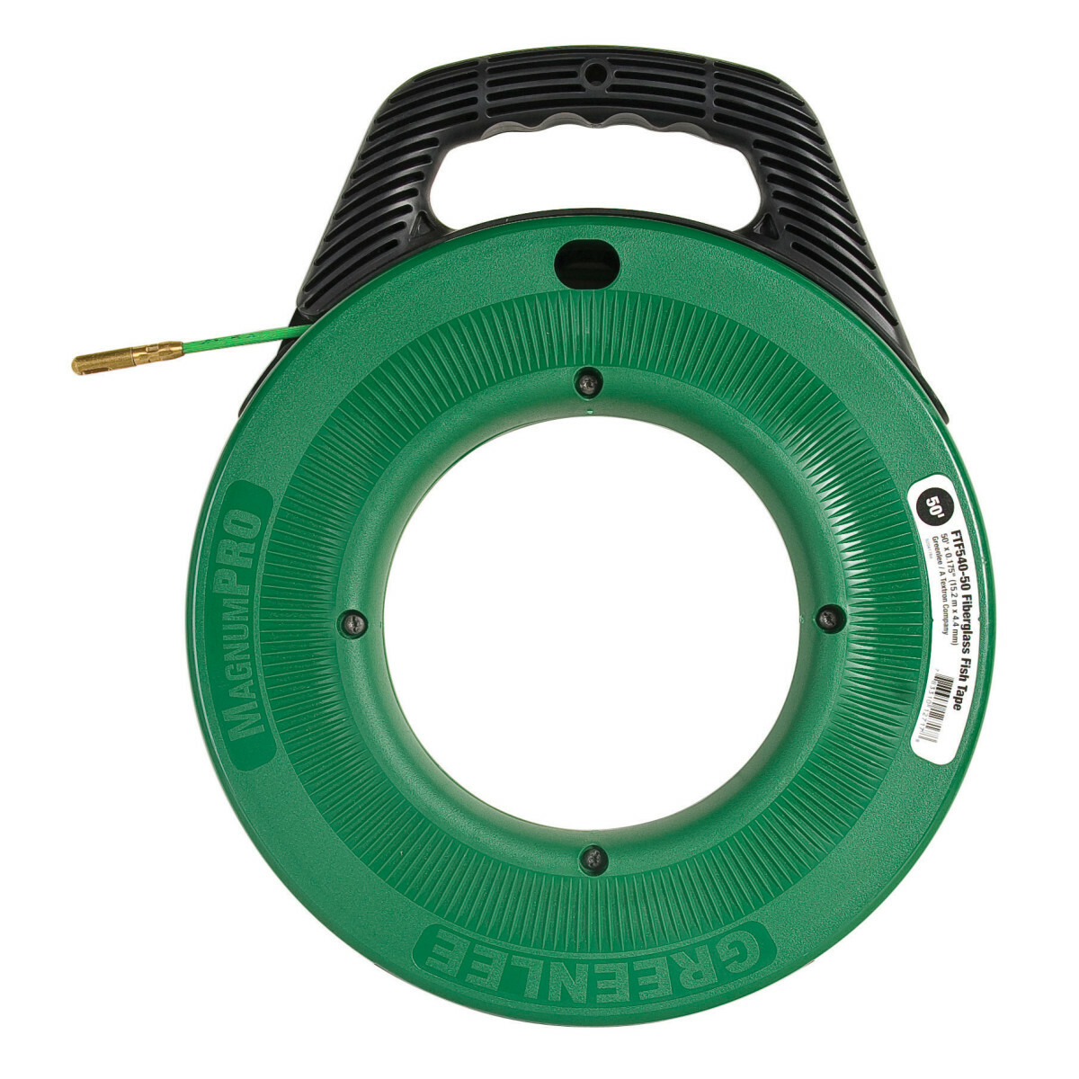 Non-conductive fiberglass tape with patented low-frictioncoating for faster and easier fishing.     Perfect for fishing in conduit with wire or cable present.     Advanced comfort handle grip reduces fatigue.     Superior rapid tape pay-out and rewind.     Smaller Fish Eye with offset bend for improved fishing ability.     Improved low profile tip for easy fishing through all sizes of conduit.     Viewing Port gives visibility to remaining tape and ability to remove jobsite debris quickly.     Rugged case design improves drop impact capability.     Flared case with Grip Ridges for no slip handling.     Replaceable tips.     Exclusive, unique, lightweight reel for easy positive feed out and rewind.     Excellent for installation of telecommunications and data communication cables in overhead plenums, above suspended ceilings and under floors.     Fiberglass fish tape is the fastest manual fish tape available. It is intended for fishing only. Rope or line is recommended for pulling..