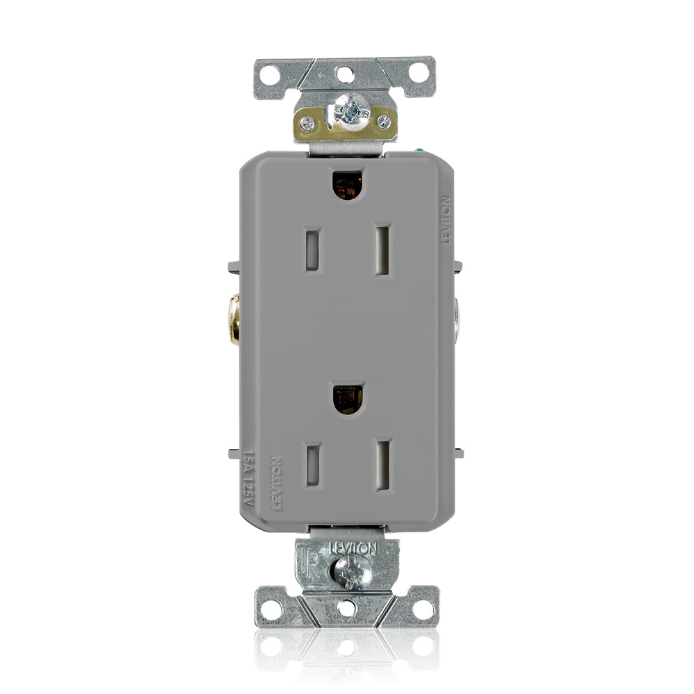 15 Amp, 125 Volt, Decora Plus Duplex Receptacle, Straight Blade, Tamper Resistant, Commercial Grade, Self Grounding, Gray