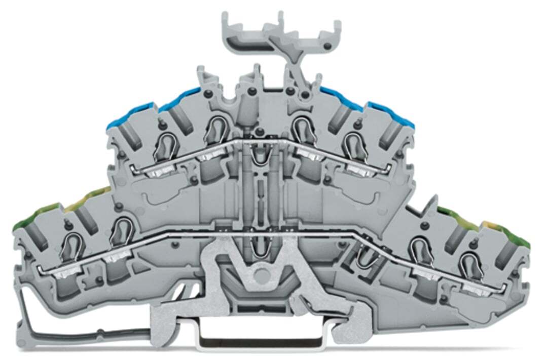 4-conductor double deck terminal block; Ground conductor/through terminal block; 2.5 mm; PE/N; with marker carrier; Blue conductor entry upper deck; for DIN-rail 35 x 15 and 35 x 7.5; Push-in CAGE CLAMP; 2,50 mm; gray
