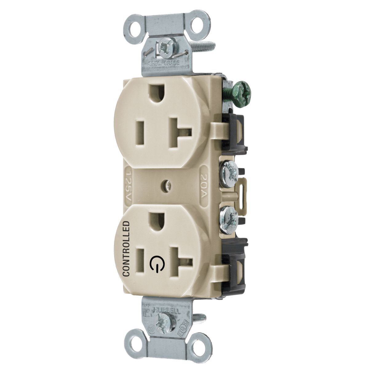 Straight Blade Devices, Receptacles, Duplex, 1/2 Load Controlled, 20A 125V, 2-Pole 3-Wire Grounding, 5-20R, Back and Side Wired, Light Almond