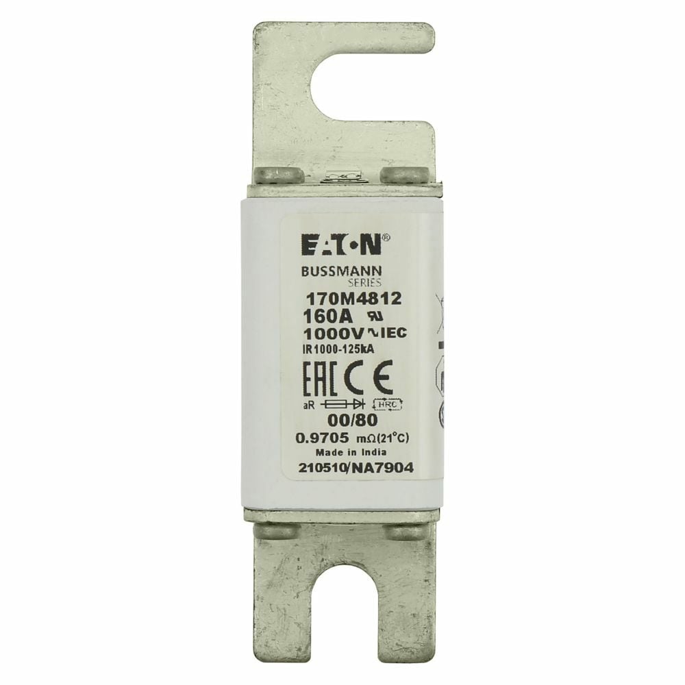 Eaton Bussmann series high speed square body fuse,160A,125 kAIC,Class aR,Blade end X Din 43-620 blade end,DIN 43 620,Standard,Clearing at 1000V: 22000,square body with centre-bolted tags (slotted),Top fuse status indicator,3000,37W