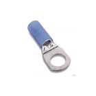 Nylon Insulated Large Ring Terminal, Length 1.83 Inches, Width .82 Inches, Maximum Insulation .395, Bolt Hole 1/2 Inch, Wire Range 6, Color Blue, Copper, Tin Plated
