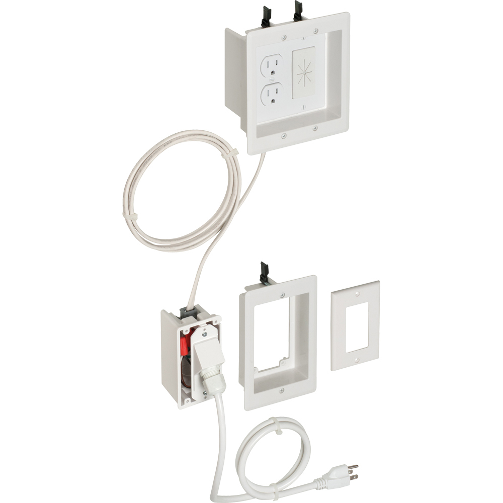 TV BRIDGE II Kit. Non Metallic prewired, preassembled box kits. With two gang boxes. Two gang power box on top and single gang power box on bottom.