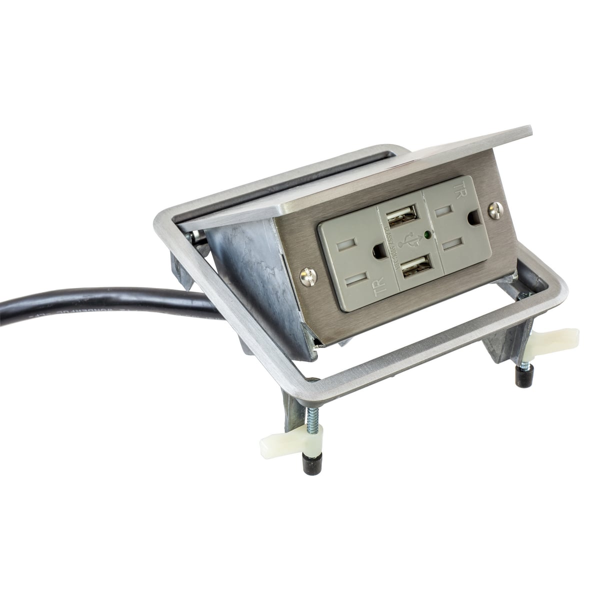 2X2 USB Work Surface Pop-Up Box, 15A, 125V USB Duplex Gray Receptacle, (2) Type-A USB Ports, Brushed Aluminum Finish