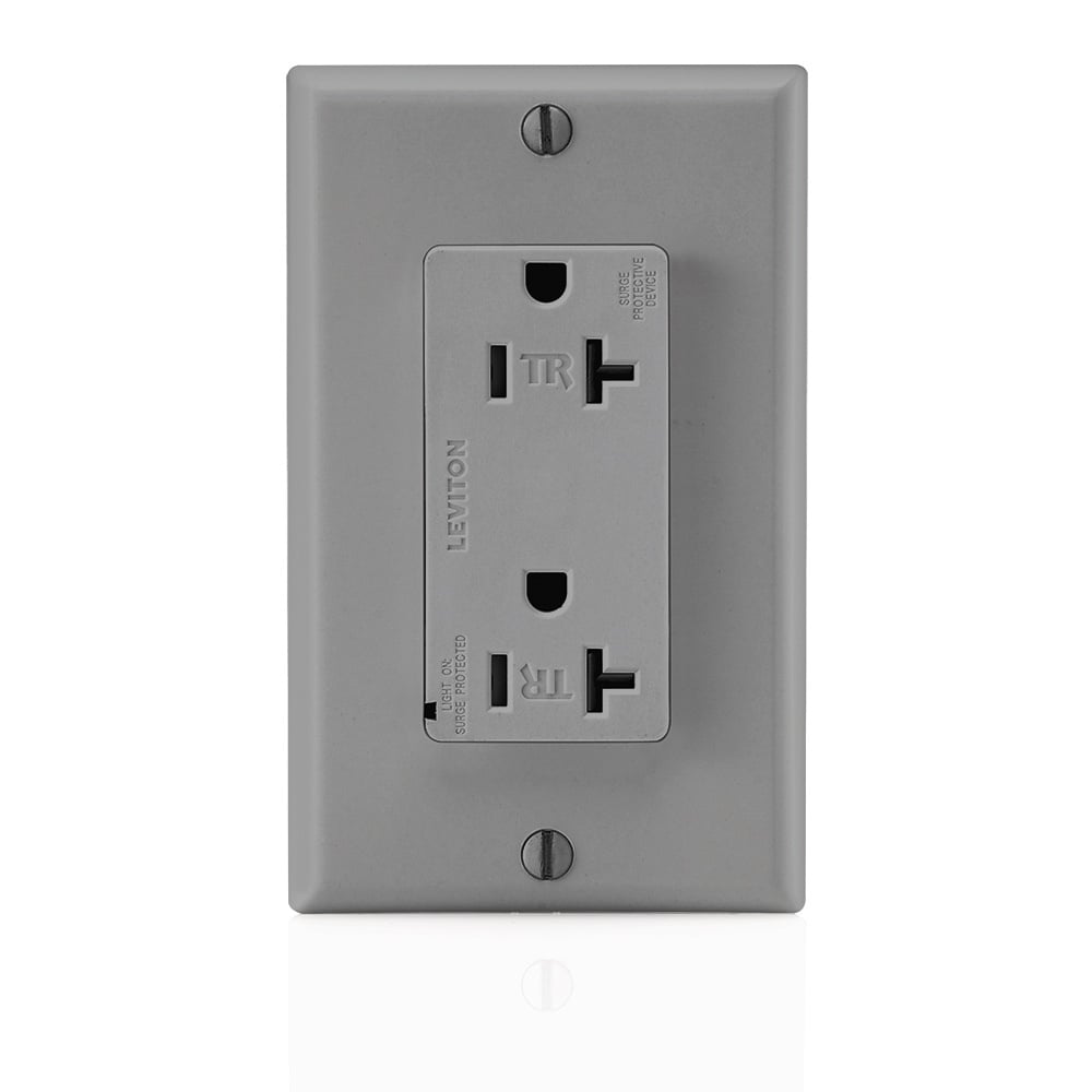 20 Amp, 125 Volt, Tamper Resistant, Decora Plus Duplex Surge Suppressor Receptacle, Straight Blade, Commercial, Self Grounding, Gray