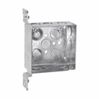 Eaton Crouse-Hinds series Square Outlet Box, (2) 1/2", (2) 1/2", (1) 3/4" E, 4", VMS, Conduit (no clamps), Welded, 2-1/8", Steel, (6) 1/2", (3) 1/2", (1) 3/4" E, 30.3 cubic inch capacity