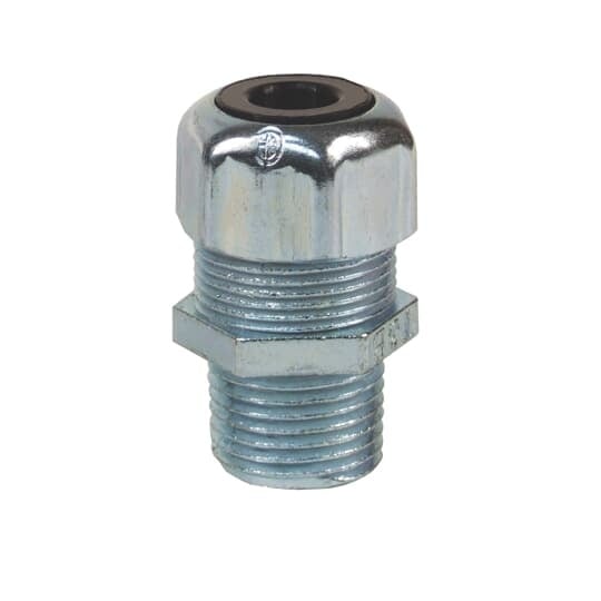 Liquidtight Strain Relief Connector, 3/4 Inch, Straight, Cord Range 0.500 to 0.750 Inch, Throat Diameter 13/16 Inch, Steel Body and Gland, Plastic Grip, Santoprene Bushing