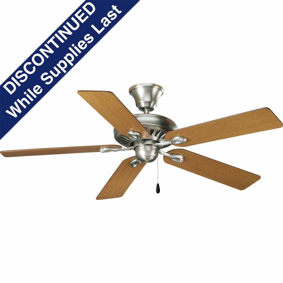 52 in Signature five-blade fan with reversible Medium Oak/Cherry blades, Antique Nickel finish, and 30 year limited warranty. Powerful AirPro motor features 3-speed control that can also be reversed to provide year-round comfort. Standard canopy is designed for sloped ceilings with 12:12 pitch and a 3/4 inx 4-1/2 in downrod is included. Can be used to comply with California Title 20.