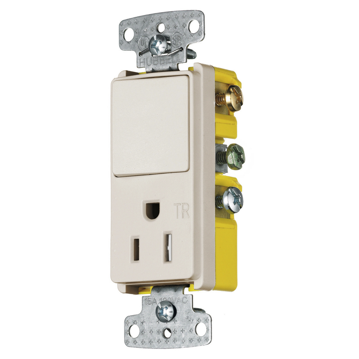 Switches and Lighting Controls, Combination Devices, Residential Grade, Decorator Series, 1) Three Way Pole Rocker, 1) Tamper Resistant Single Receptacle, 15A 120V AC, Side