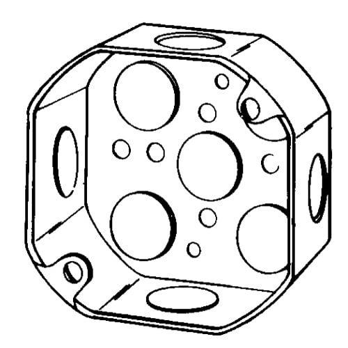 4" Octagon Boxes, Conduit Knockouts: Sides: (4) 1/2", Bottom: (5) 1/2", Material:Steel, Size:4 X 4 X 1.5IN, Cubic Capacity:15.5CI, UL Standard: 514A, UL Listed: E2527