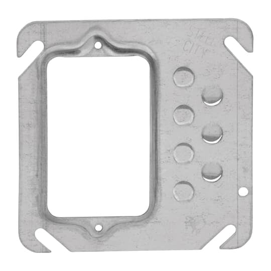 One Gang Square Device Cover, 1.5 Cubic Inches, 4 Inch Square x 1/4 Inch Raised, Pre-Galvanized Steel, Offset, Keyed for Plaster