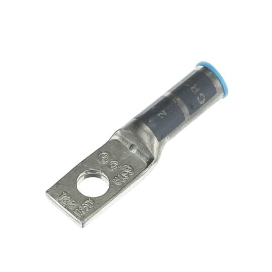 Aluminum One-Hole Lug, Long Barrel, Blind End, Max 35kV, #6 AWG Wire, 1/4 Inch Bolt Size, Tin Plated, Die Code 29, Die Color Code Gray