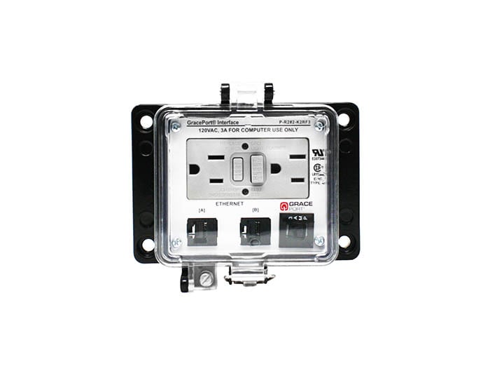 PANEL INTERFACE CONNECTOR WITH QTY 2 RJ45, PMH, UL TYPE 4X, GFCI DUPLEX INSIDE-OUTLET, 3 AMP CB